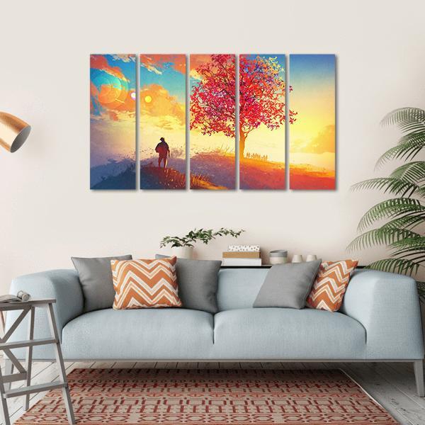 Autumn Landscape With Alone Tree Canvas Wall Art-5 Horizontal-Gallery Wrap-22" x 12"-Tiaracle