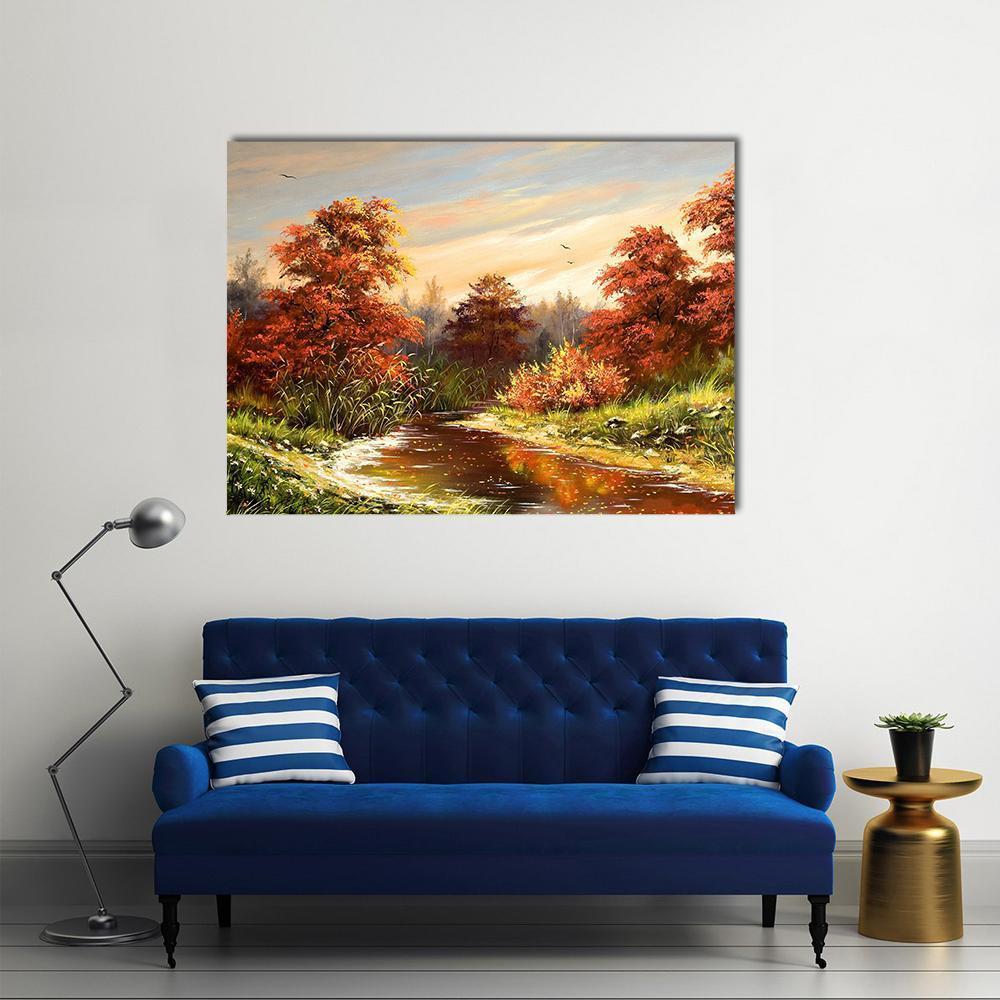 Autumn River Landscape Canvas Wall Art in brown, orange and green, single panel hung on a wall