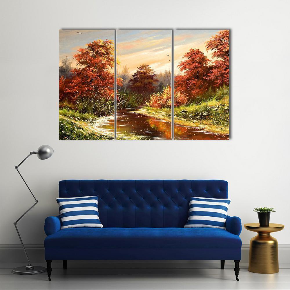 Autumn Landscape With River Canvas Wall Art-3 Horizontal-Gallery Wrap-37" x 24"-Tiaracle
