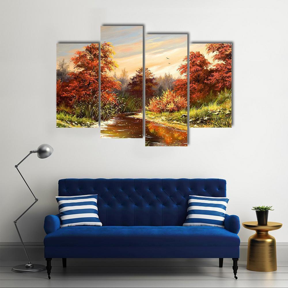 Autumn Landscape With River Canvas Wall Art-4 Pop-Gallery Wrap-50" x 32"-Tiaracle