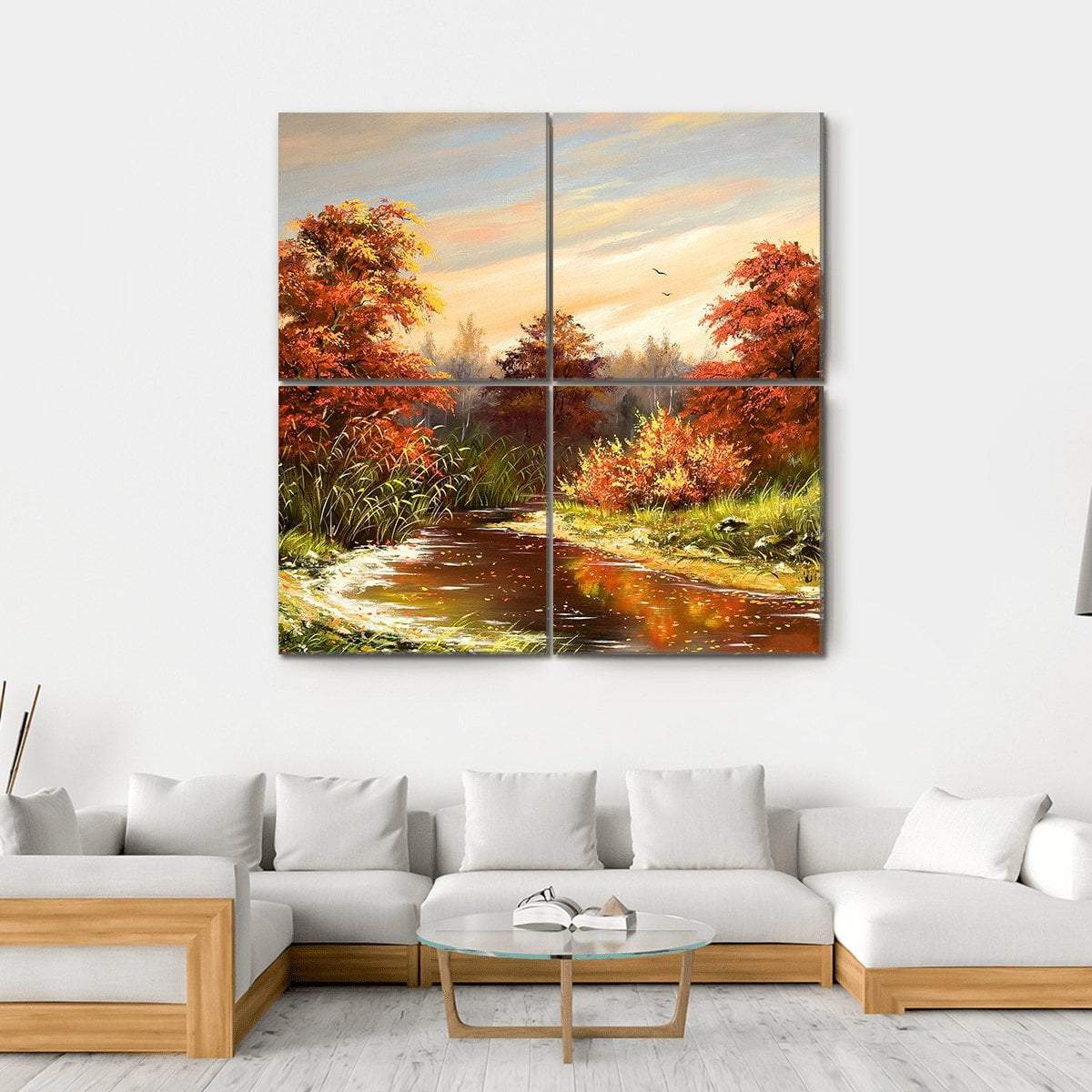 Autumn Landscape With River Canvas Wall Art-4 Square-Gallery Wrap-17" x 17"-Tiaracle