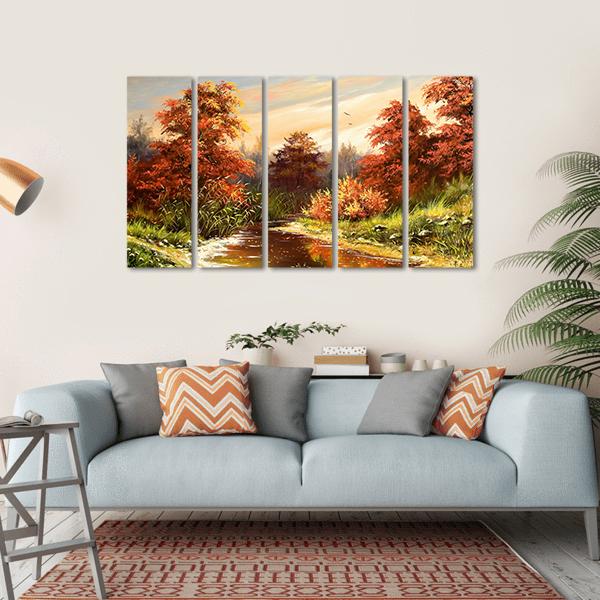 Autumn Landscape With River Canvas Wall Art-5 Horizontal-Gallery Wrap-22" x 12"-Tiaracle