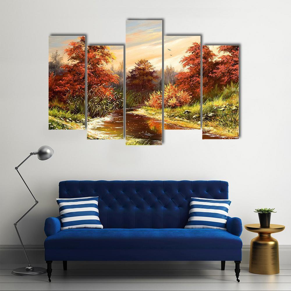 Autumn Landscape With River Canvas Wall Art-5 Pop-Gallery Wrap-47" x 32"-Tiaracle