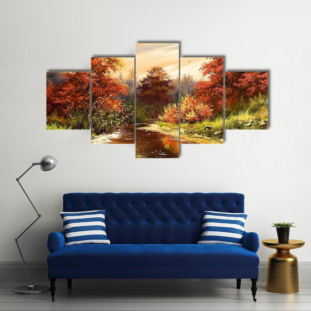 Autumn Landscape With River Canvas Wall Art-5 Star-Gallery Wrap-62" x 32"-Tiaracle
