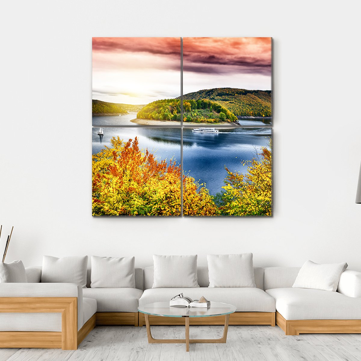 Autumn Landscape With Sunset Canvas Wall Art-4 Square-Gallery Wrap-17" x 17"-Tiaracle