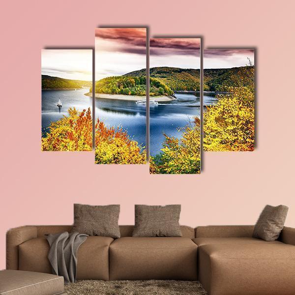 Autumn Landscape With Sunset Canvas Wall Art-3 Horizontal-Gallery Wrap-25" x 16"-Tiaracle