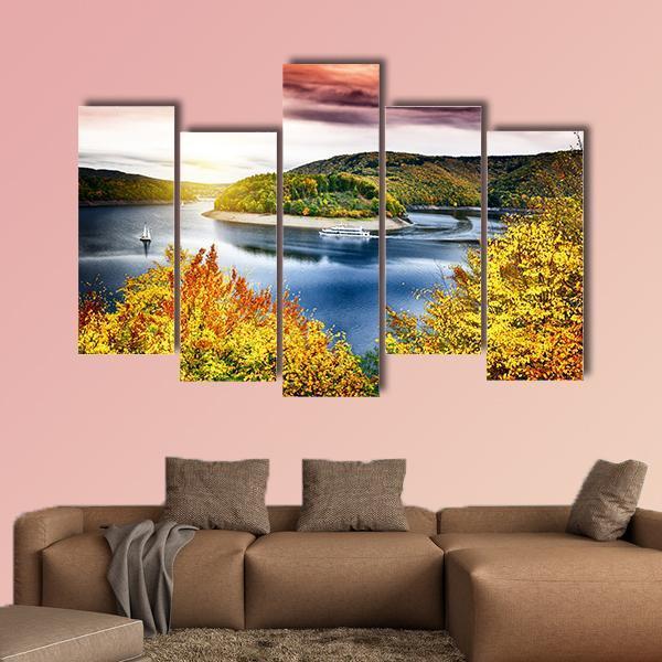 Autumn Landscape With Sunset Canvas Wall Art-5 Pop-Gallery Wrap-47" x 32"-Tiaracle