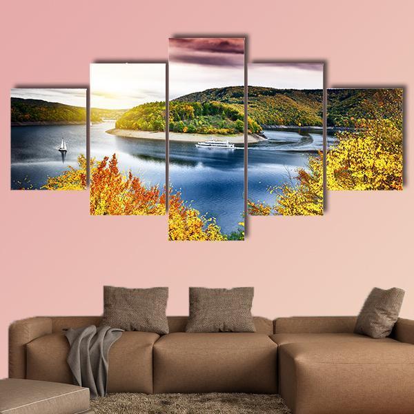 Autumn Landscape With Sunset Canvas Wall Art-5 Star-Gallery Wrap-62" x 32"-Tiaracle