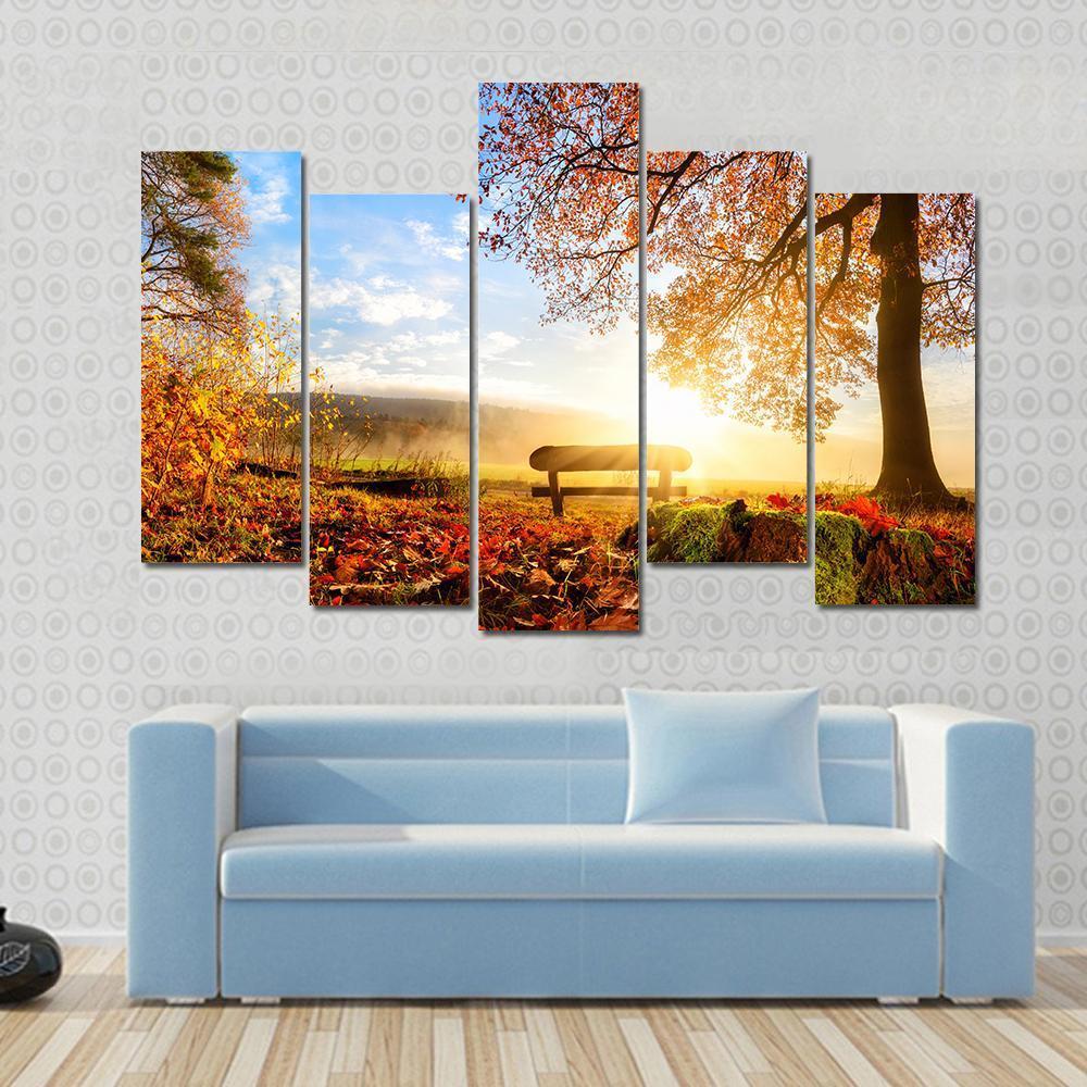 Autumn Landscape With The Sun Canvas Wall Art-5 Pop-Gallery Wrap-47" x 32"-Tiaracle