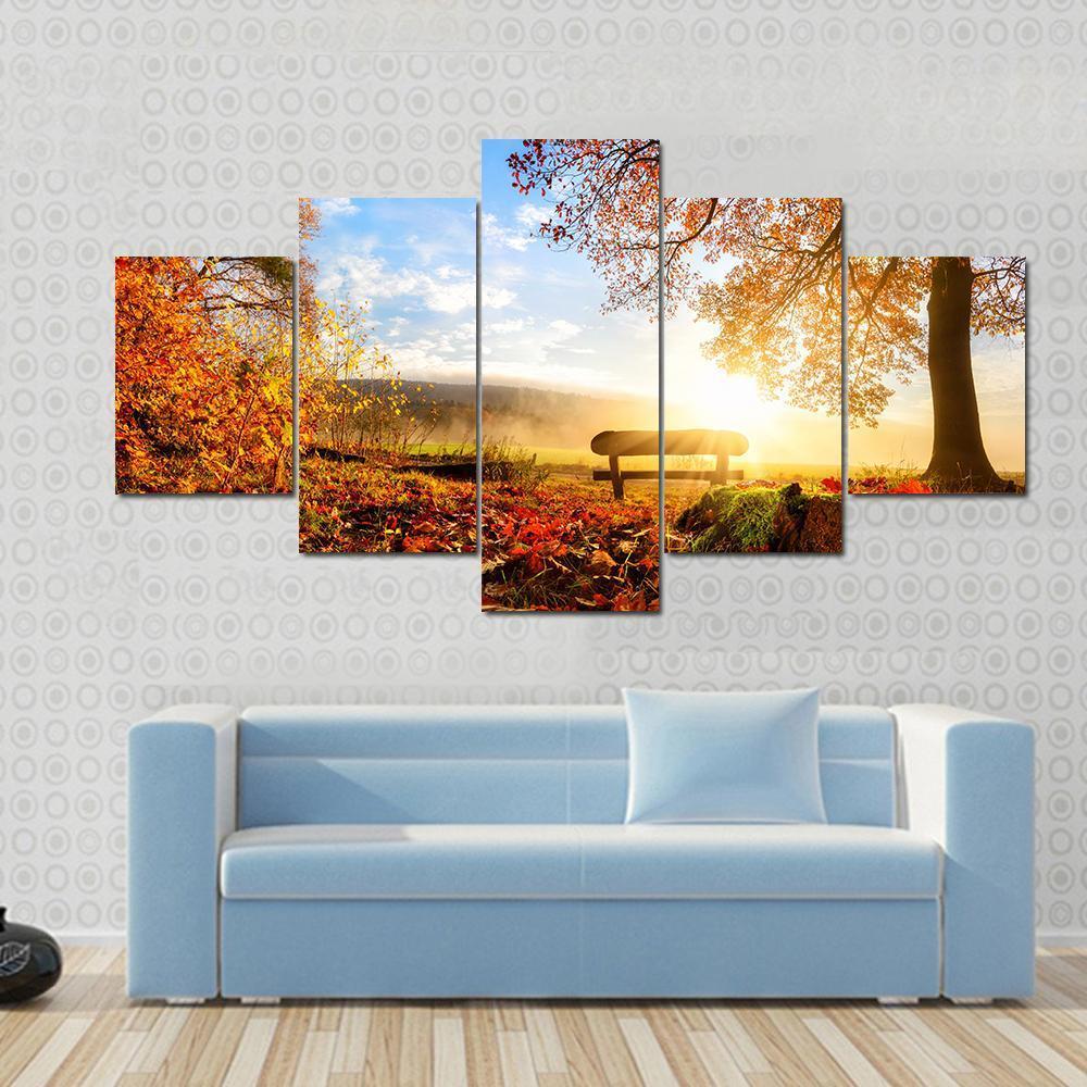Autumn Landscape With The Sun Canvas Wall Art-5 Star-Gallery Wrap-62&quot; x 32&quot;-Tiaracle