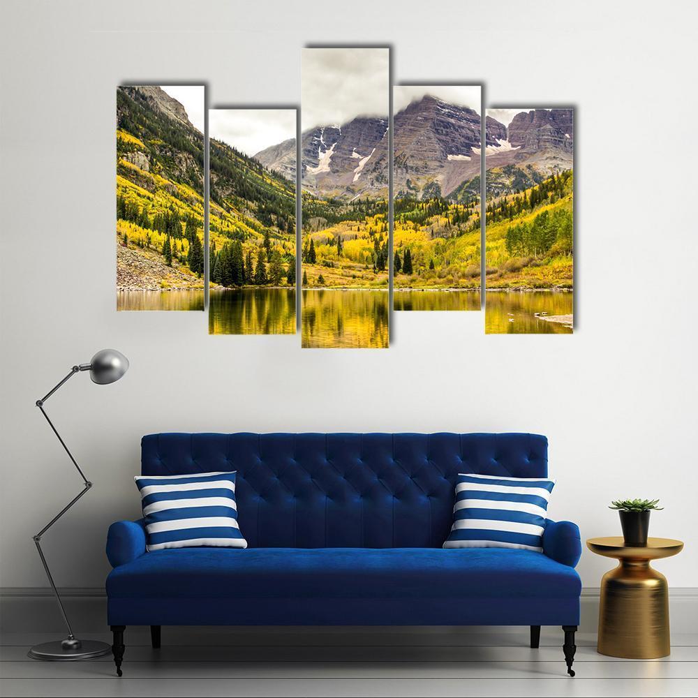 Autumn Mountain Lake Canvas Wall Art-5 Pop-Gallery Wrap-47" x 32"-Tiaracle
