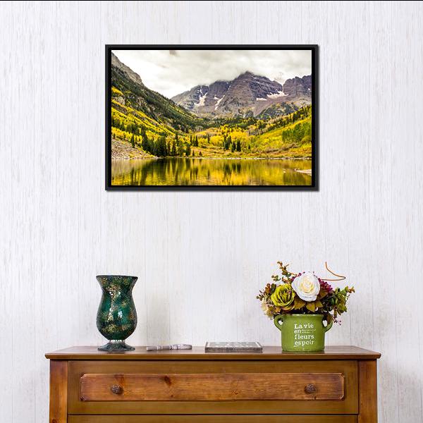 Autumn Mountain Lake Canvas Wall Art-1 Piece-Floating Frame-24" x 16"-Tiaracle