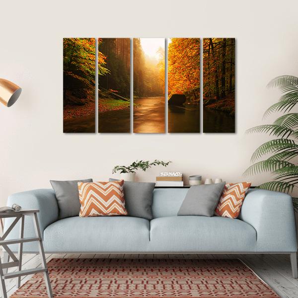 Autumn Mountain River Canvas Wall Art-5 Horizontal-Gallery Wrap-22" x 12"-Tiaracle