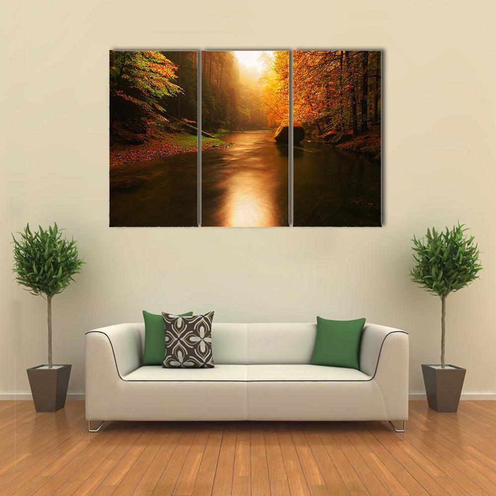 Autumn Mountain River Canvas Wall Art-3 Horizontal-Gallery Wrap-37" x 24"-Tiaracle