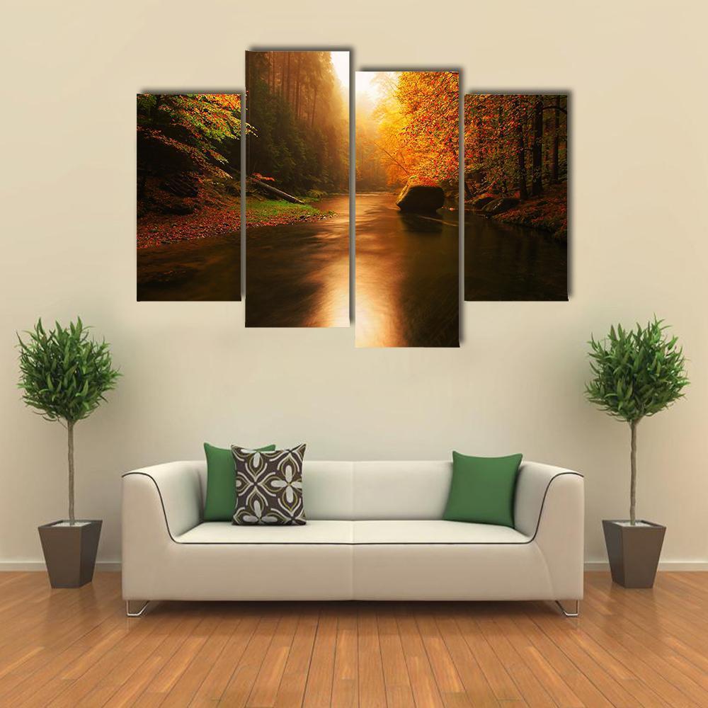 Autumn Mountain River Canvas Wall Art-4 Pop-Gallery Wrap-50" x 32"-Tiaracle
