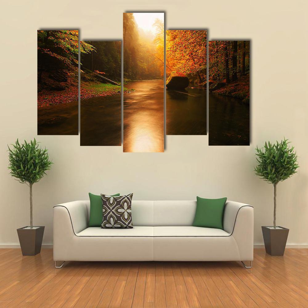 Autumn Mountain River Canvas Wall Art-5 Pop-Gallery Wrap-47" x 32"-Tiaracle