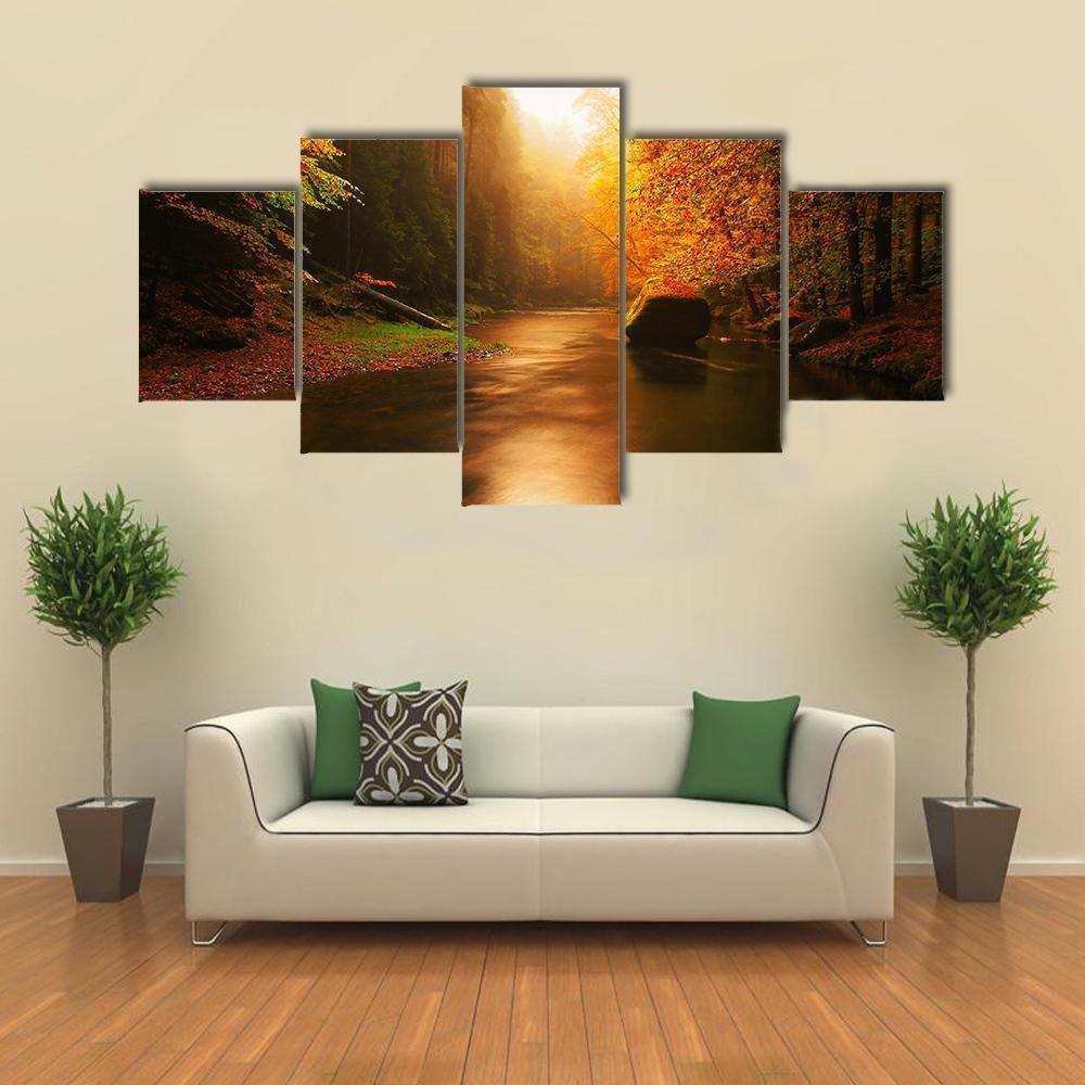 Autumn Mountain River Canvas Wall Art-5 Star-Gallery Wrap-62" x 32"-Tiaracle