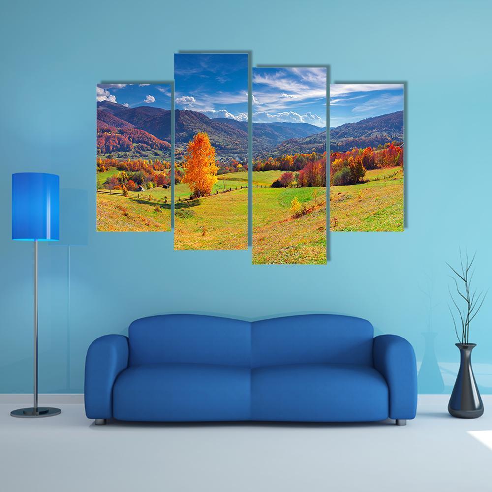 Autumn Mountain Village Canvas Wall Art-4 Pop-Gallery Wrap-50" x 32"-Tiaracle