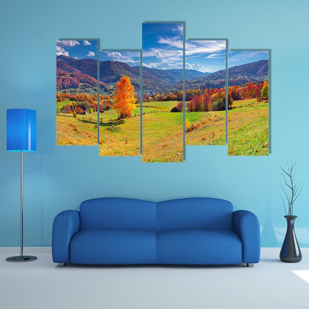 Autumn Mountain Village Canvas Wall Art-5 Pop-Gallery Wrap-47" x 32"-Tiaracle