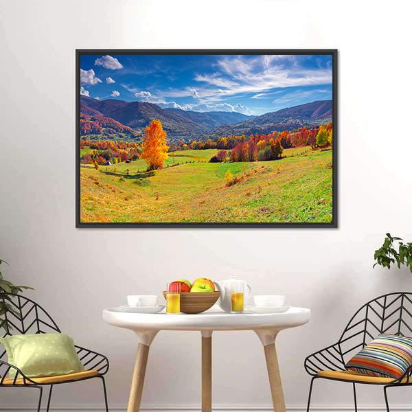 Autumn Mountain Village Canvas Wall Art-1 Piece-Floating Frame-24" x 16"-Tiaracle