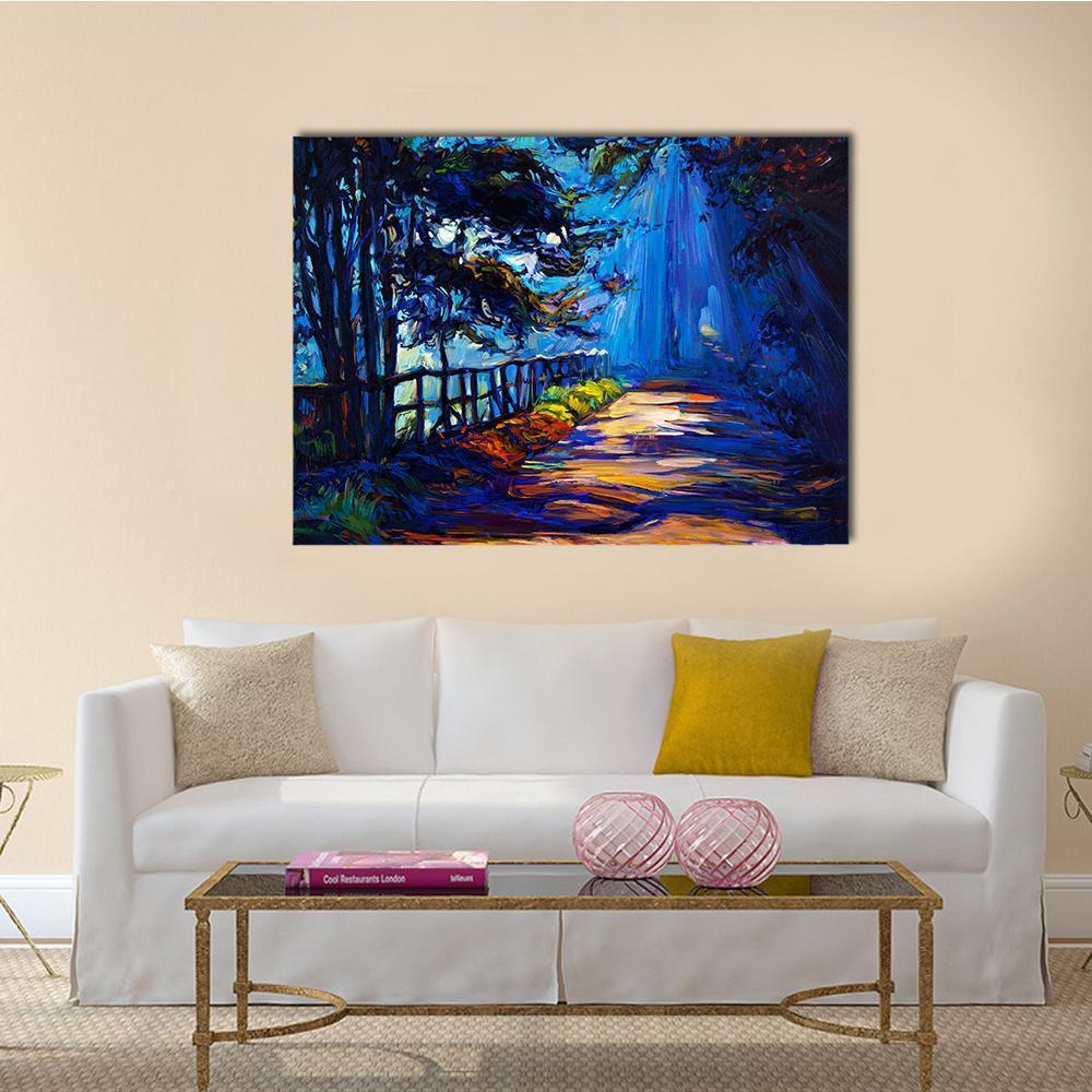 Autumn Park at Night Canvas Wall Art in black, yellow and blue, single panel hung on a wall