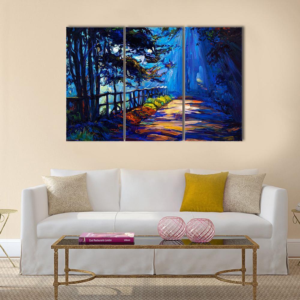 Autumn Park At Night Canvas Wall Art-3 Horizontal-Gallery Wrap-37" x 24"-Tiaracle