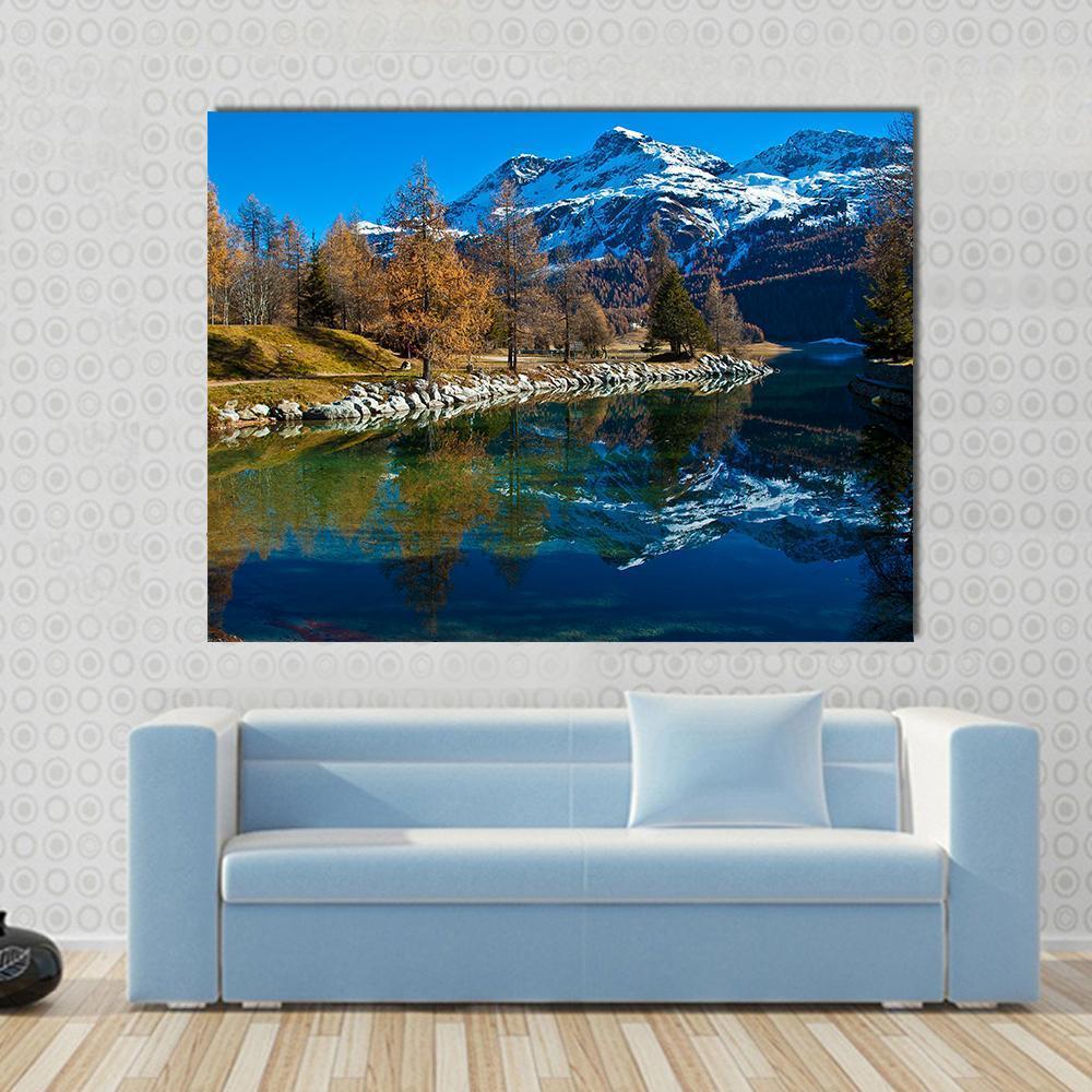 Silvaplana Lake Switzerland Canvas Wall Art in white, brown and blue, single panel hung on a wall