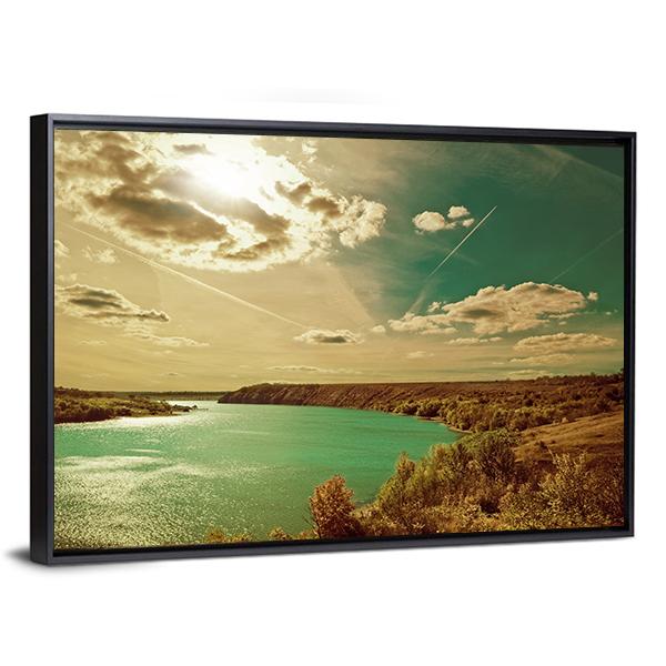 Autumn River Side Landscape Canvas Wall Art-3 Horizontal-Gallery Wrap-25" x 16"-Tiaracle