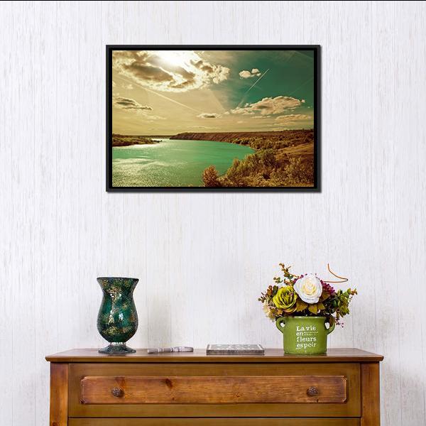 Autumn River Side Landscape Canvas Wall Art-1 Piece-Floating Frame-24" x 16"-Tiaracle