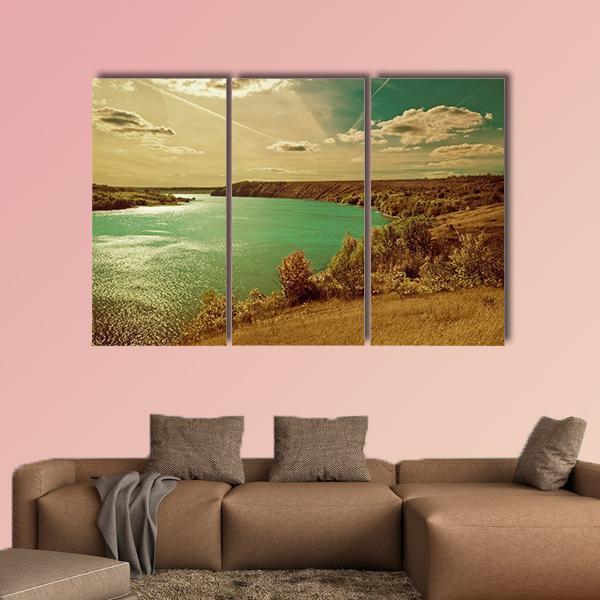 Autumn River Side Landscape Canvas Wall Art-3 Horizontal-Gallery Wrap-25" x 16"-Tiaracle