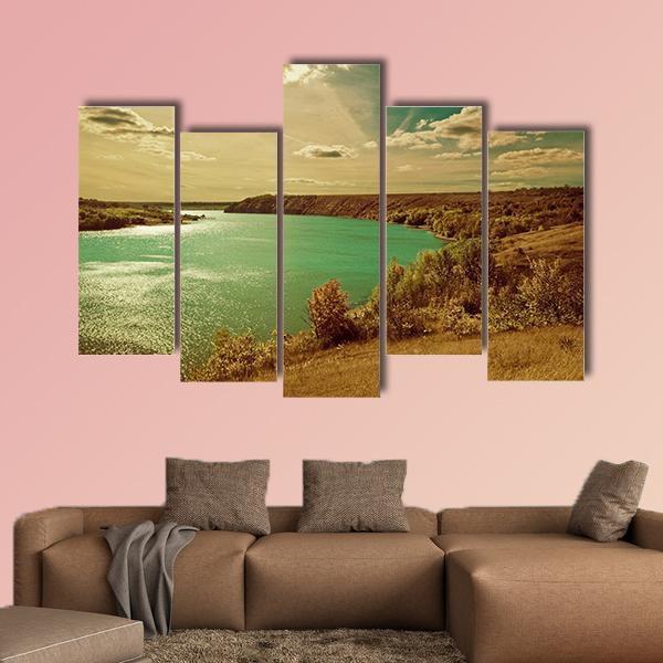 Autumn River Side Landscape Canvas Wall Art-5 Pop-Gallery Wrap-47" x 32"-Tiaracle