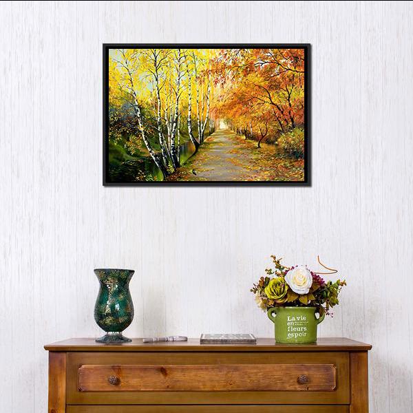 Autumn Road Along The Channel Canvas Wall Art-1 Piece-Floating Frame-24" x 16"-Tiaracle