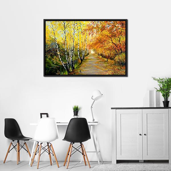 Autumn Road Along The Channel Canvas Wall Art-1 Piece-Floating Frame-24" x 16"-Tiaracle