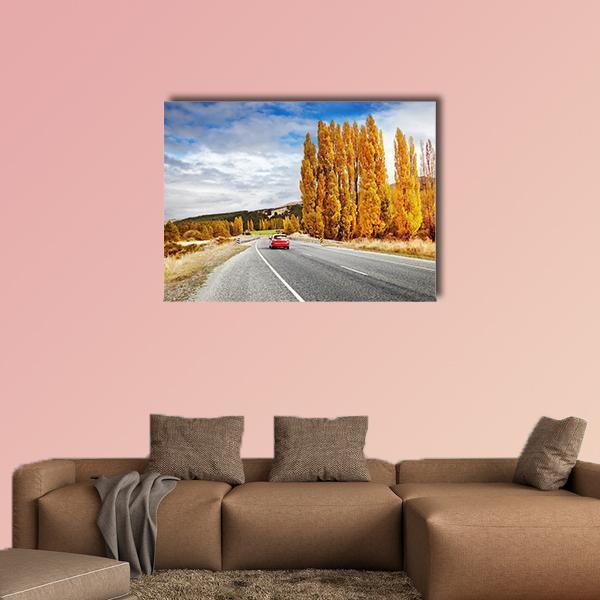 Autumn Road in New Zealand Canvas Wall Art in gray, yellow and blue, single panel hung on a wall