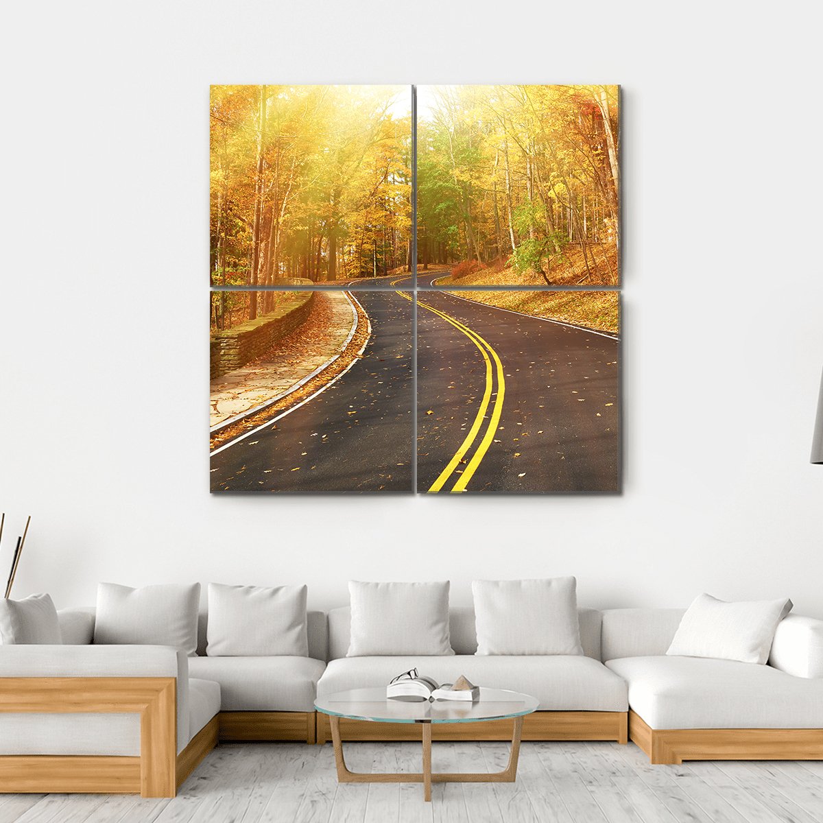Autumn Scene With Road Canvas Wall Art-4 Square-Gallery Wrap-17" x 17"-Tiaracle