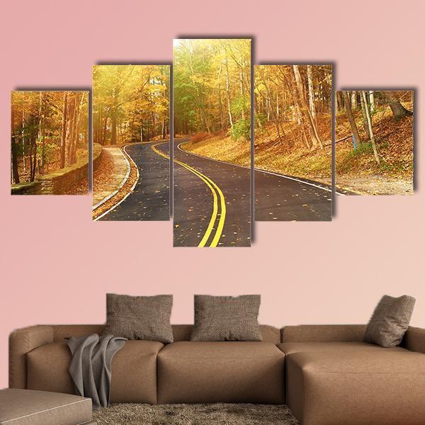 Autumn Scene With Road Canvas Wall Art-5 Star-Gallery Wrap-62" x 32"-Tiaracle