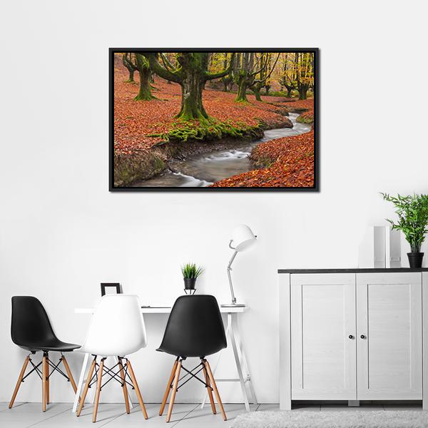 Autumn Season In Forest Canvas Wall Art-1 Piece-Floating Frame-24" x 16"-Tiaracle