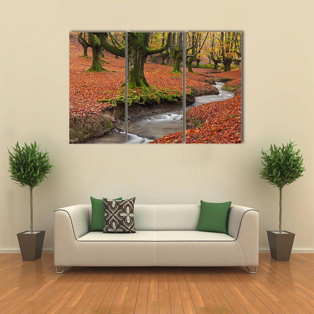 Autumn Season In Forest Canvas Wall Art-5 Pop-Gallery Wrap-47" x 32"-Tiaracle