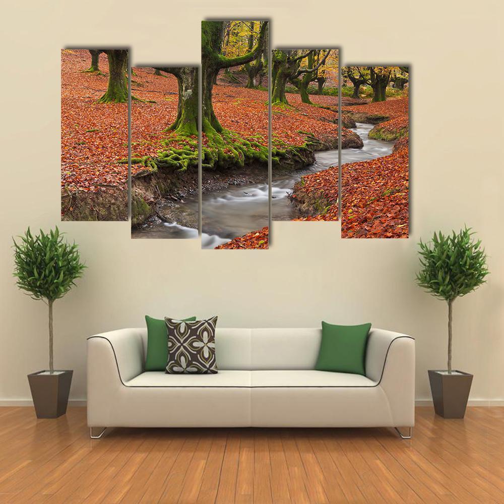 Autumn Season In Forest Canvas Wall Art-5 Pop-Gallery Wrap-47" x 32"-Tiaracle