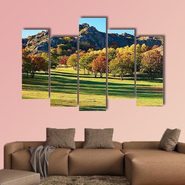 Autumn Steppe Sun Setting Canvas Wall Art-5 Pop-Gallery Wrap-47" x 32"-Tiaracle