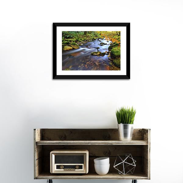 Autumn Stream Flowing In The Woods Canvas Wall Art-1 Piece-Framed Print-20" x 16"-Tiaracle