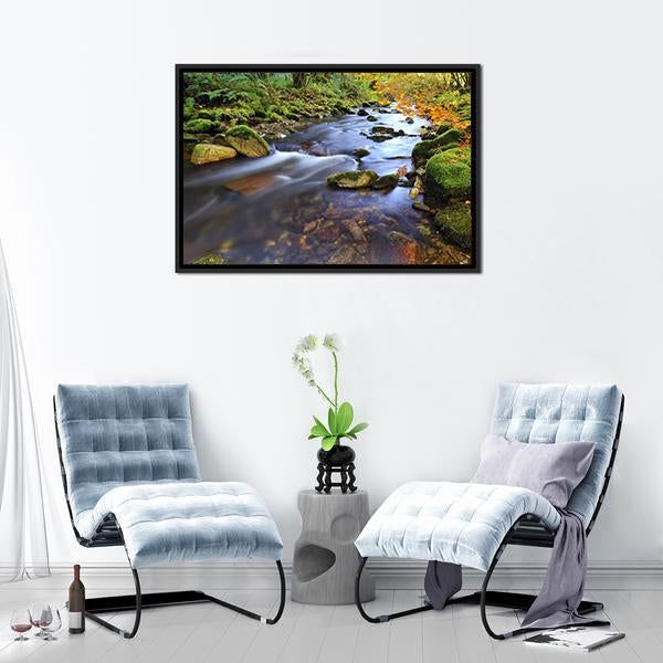 Autumn Stream Flowing In The Woods Canvas Wall Art-3 Horizontal-Gallery Wrap-25" x 16"-Tiaracle