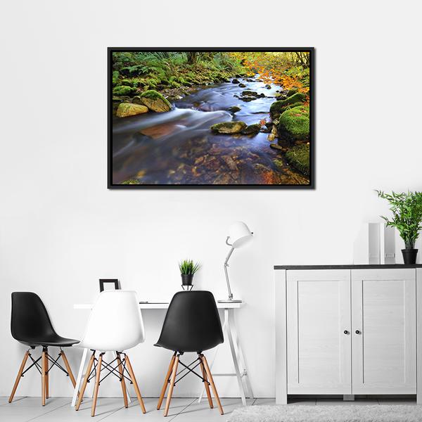 Autumn Stream Flowing In The Woods Canvas Wall Art-3 Horizontal-Gallery Wrap-25" x 16"-Tiaracle