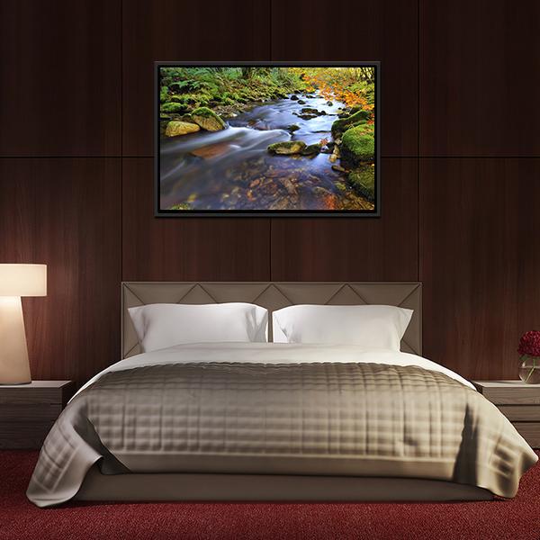 Autumn Stream Flowing In The Woods Canvas Wall Art-3 Horizontal-Gallery Wrap-25" x 16"-Tiaracle