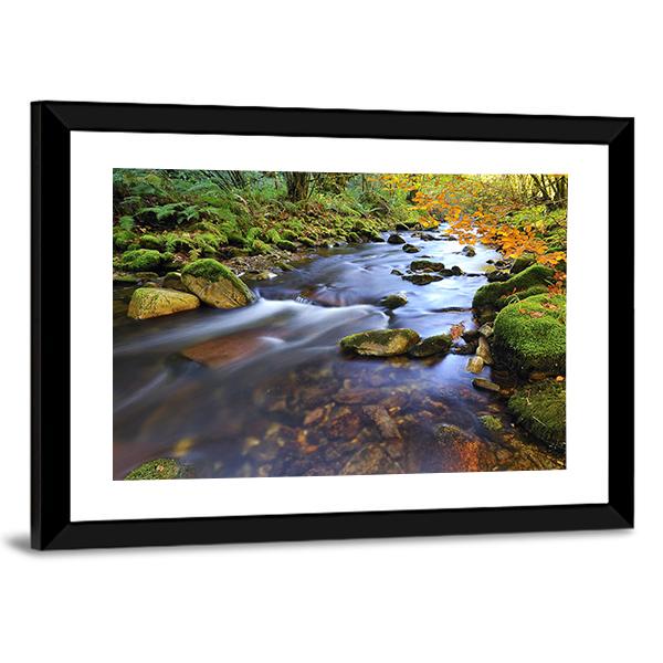 Autumn Stream Flowing In The Woods Canvas Wall Art-3 Horizontal-Gallery Wrap-25" x 16"-Tiaracle