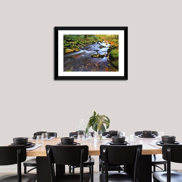 Autumn Stream Flowing In The Woods Canvas Wall Art-3 Horizontal-Gallery Wrap-25" x 16"-Tiaracle