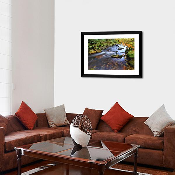 Autumn Stream Flowing In The Woods Canvas Wall Art-3 Horizontal-Gallery Wrap-25" x 16"-Tiaracle