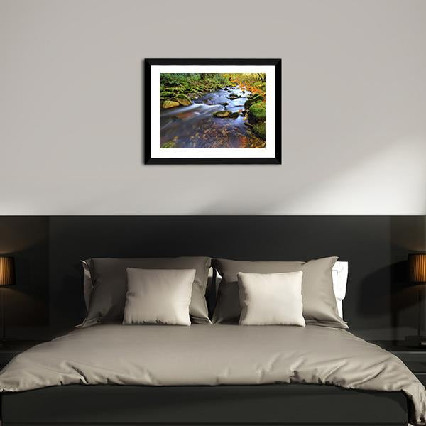 Autumn Stream Flowing In The Woods Canvas Wall Art-3 Horizontal-Gallery Wrap-25" x 16"-Tiaracle
