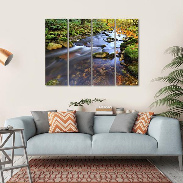Autumn Stream Flowing In The Woods Canvas Wall Art-4 Horizontal-Gallery Wrap-34" x 24"-Tiaracle