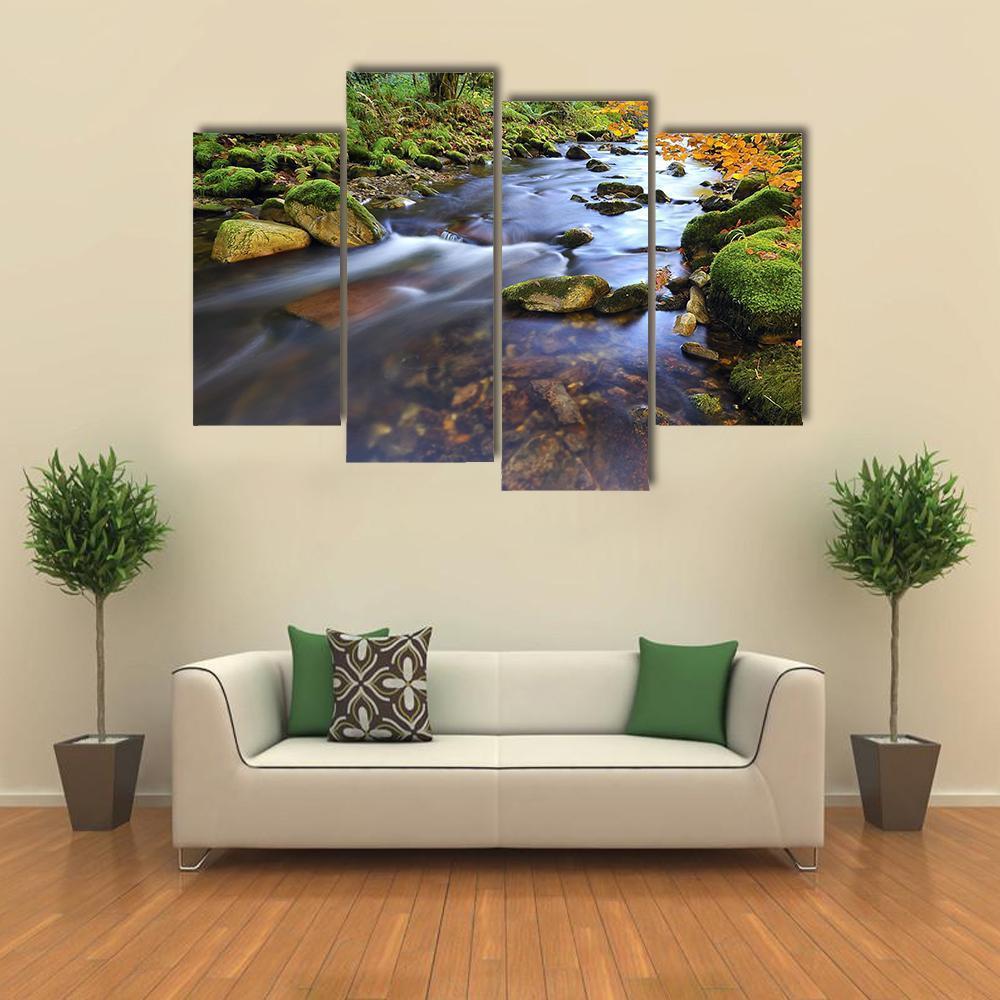 Autumn Stream Flowing In The Woods Canvas Wall Art-4 Pop-Gallery Wrap-50" x 32"-Tiaracle